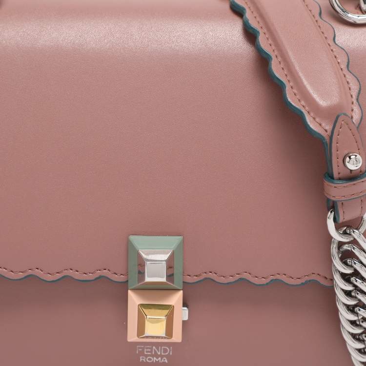 Pre Owned Fendi Old Rose Leather Mini Scalloped Studded Kan I Shoulder Bag