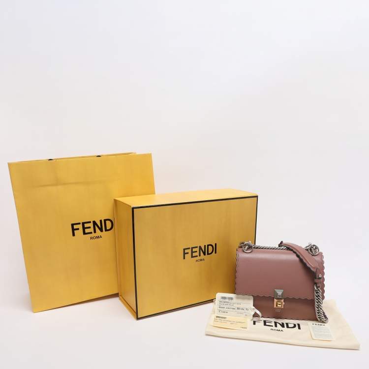 Pre Owned Fendi Old Rose Leather Mini Scalloped Studded Kan I Shoulder Bag