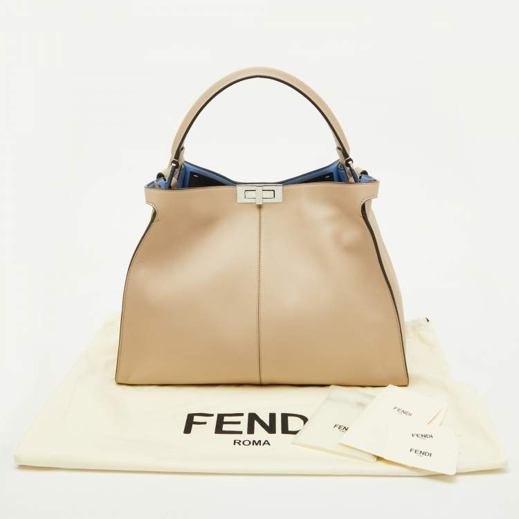Pre Owned Fendi Beige Leather Large X Lite Peekaboo Top Handle Bag