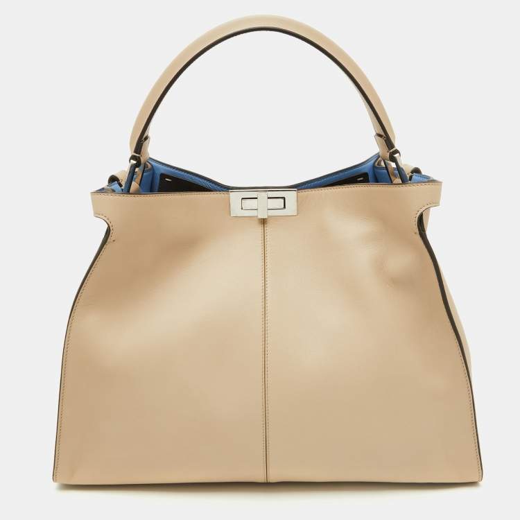 Pre Owned Fendi Beige Leather Large X Lite Peekaboo Top Handle Bag
