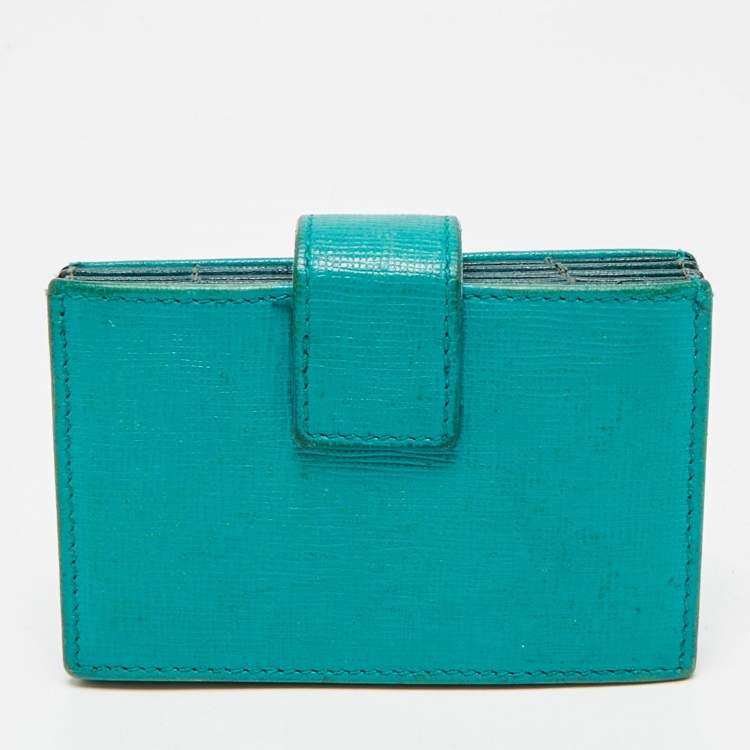 Pre Owned Fendi Teal Blue Saffiano Leather Gusset Card Holder
