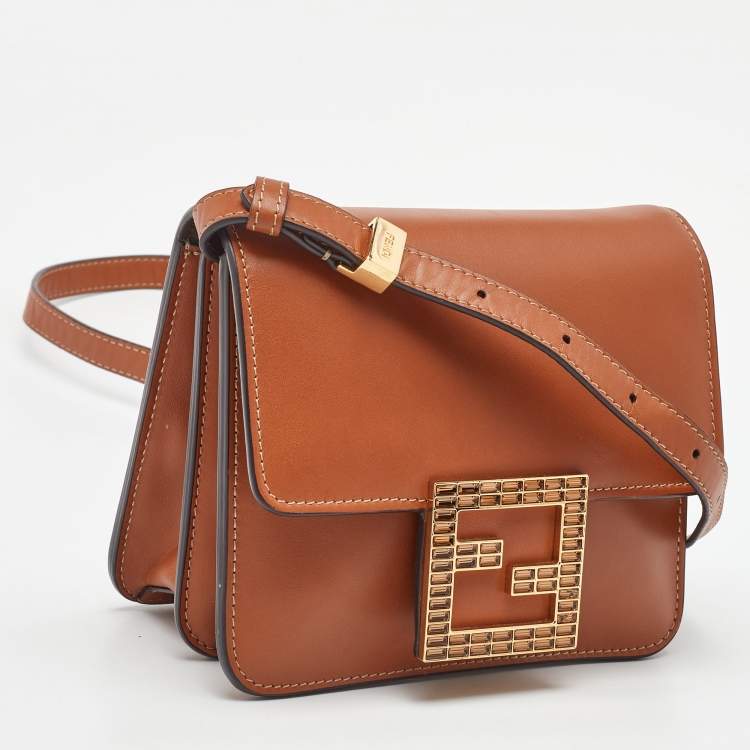 Pre Owned Fendi Brown Smooth Leather Crystal Fab Crossbody Bag