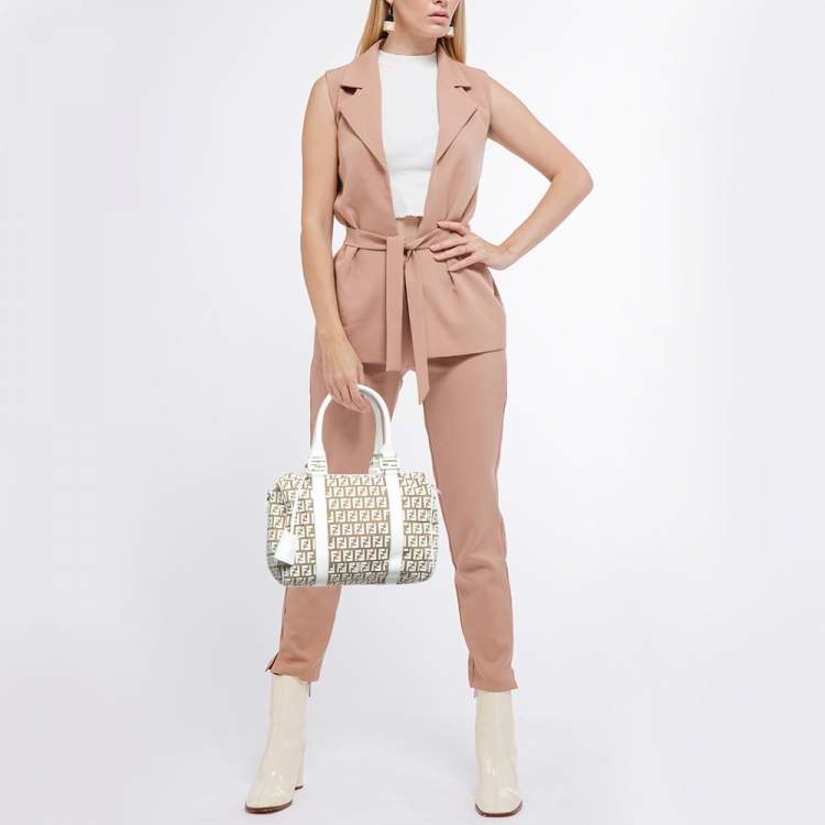 Pre Owned Fendi White/Beige Zucchino Rubber and Fabric Small Forever Boston Bag