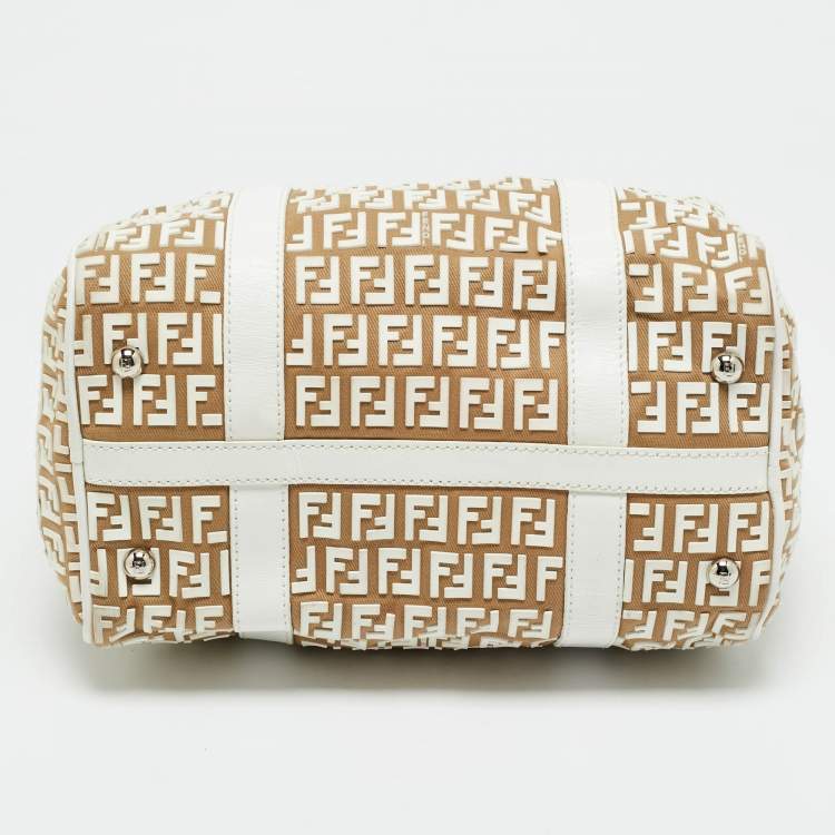 Pre Owned Fendi White/Beige Zucchino Rubber and Fabric Small Forever Boston Bag