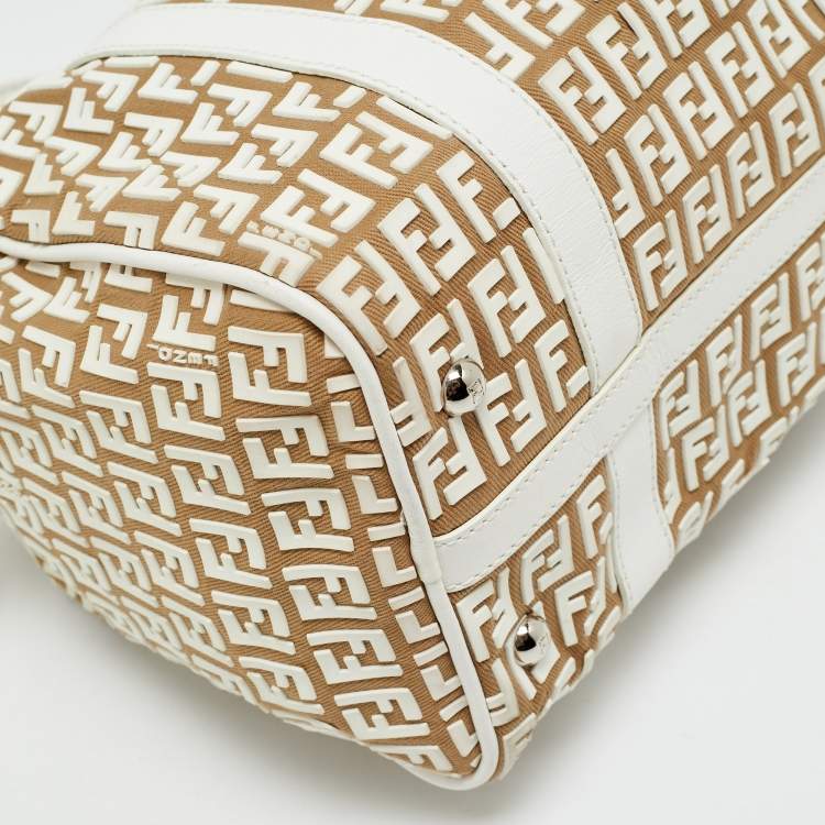 Pre Owned Fendi White/Beige Zucchino Rubber and Fabric Small Forever Boston Bag