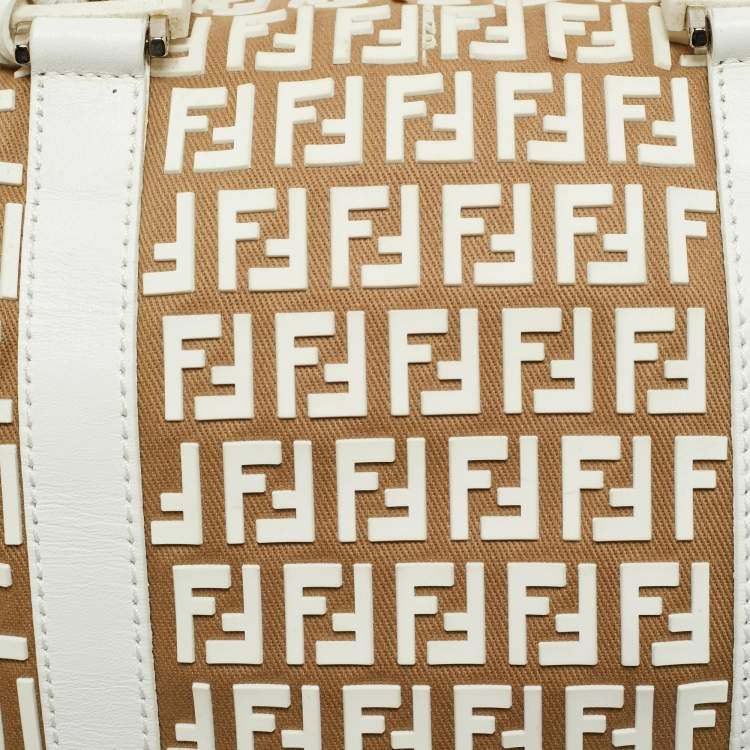Pre Owned Fendi White/Beige Zucchino Rubber and Fabric Small Forever Boston Bag