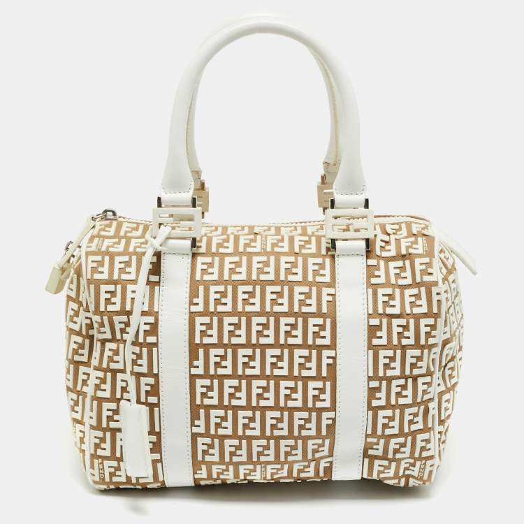Pre Owned Fendi White/Beige Zucchino Rubber and Fabric Small Forever Boston Bag