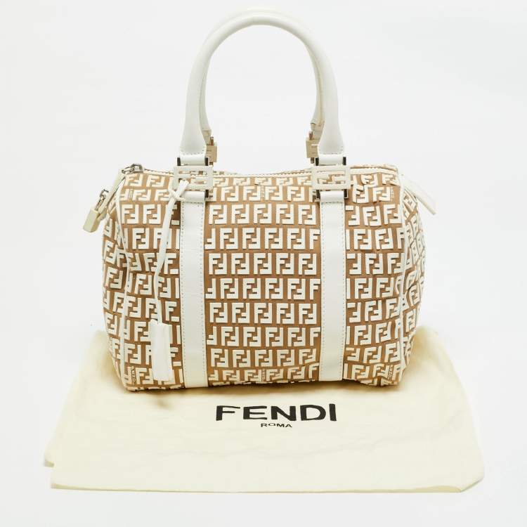 Pre Owned Fendi White/Beige Zucchino Rubber and Fabric Small Forever Boston Bag
