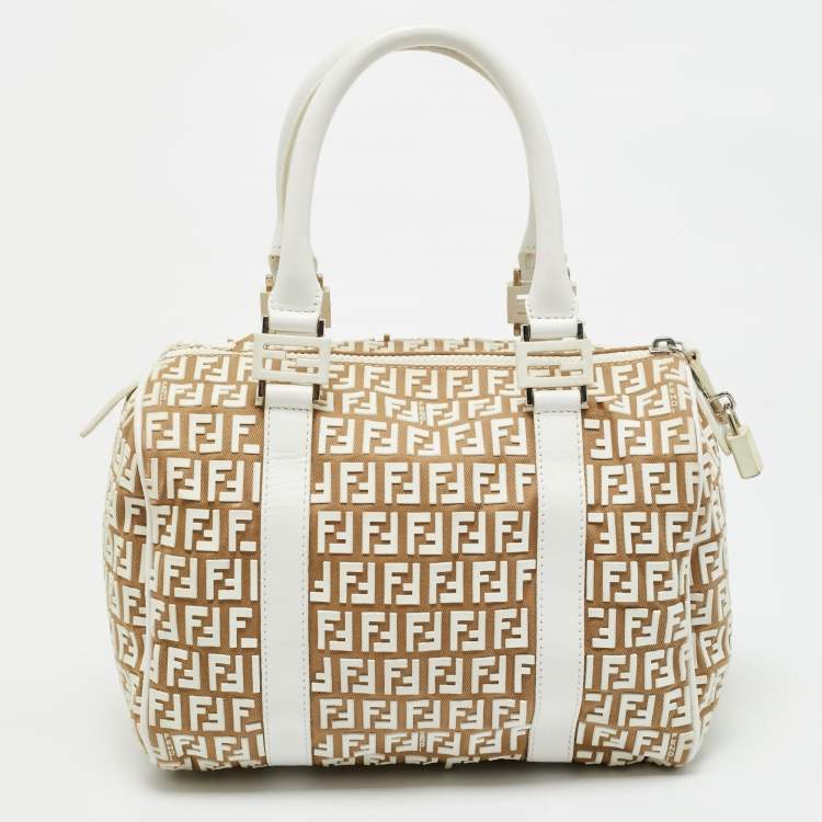 Pre Owned Fendi White/Beige Zucchino Rubber and Fabric Small Forever Boston Bag