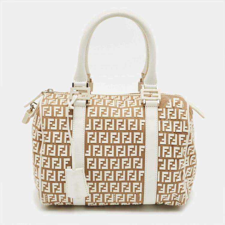 Pre Owned Fendi White/Beige Zucchino Rubber and Fabric Small Forever Boston Bag