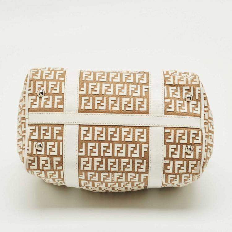 Pre Owned Fendi White/Beige Zucchino Rubber and Fabric Small Forever Boston Bag