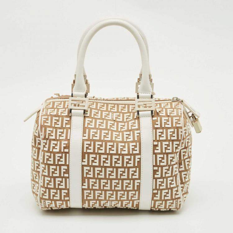Pre Owned Fendi White/Beige Zucchino Rubber and Fabric Small Forever Boston Bag