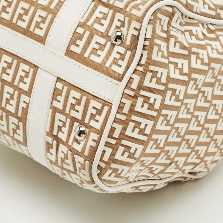 Pre Owned Fendi White/Beige Zucchino Rubber and Fabric Small Forever Boston Bag