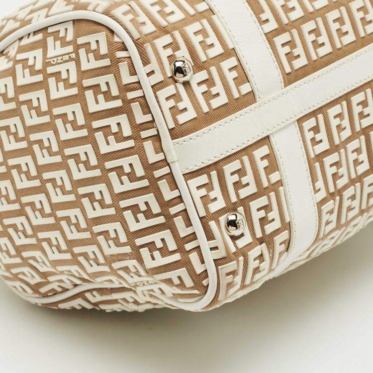 Pre Owned Fendi White/Beige Zucchino Rubber and Fabric Small Forever Boston Bag