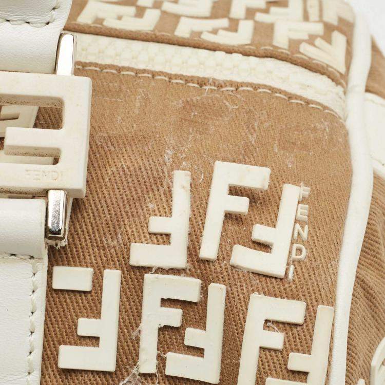 Pre Owned Fendi White/Beige Zucchino Rubber and Fabric Small Forever Boston Bag