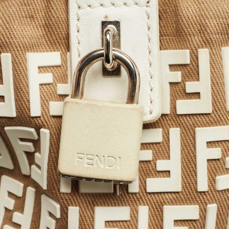 Pre Owned Fendi White/Beige Zucchino Rubber and Fabric Small Forever Boston Bag