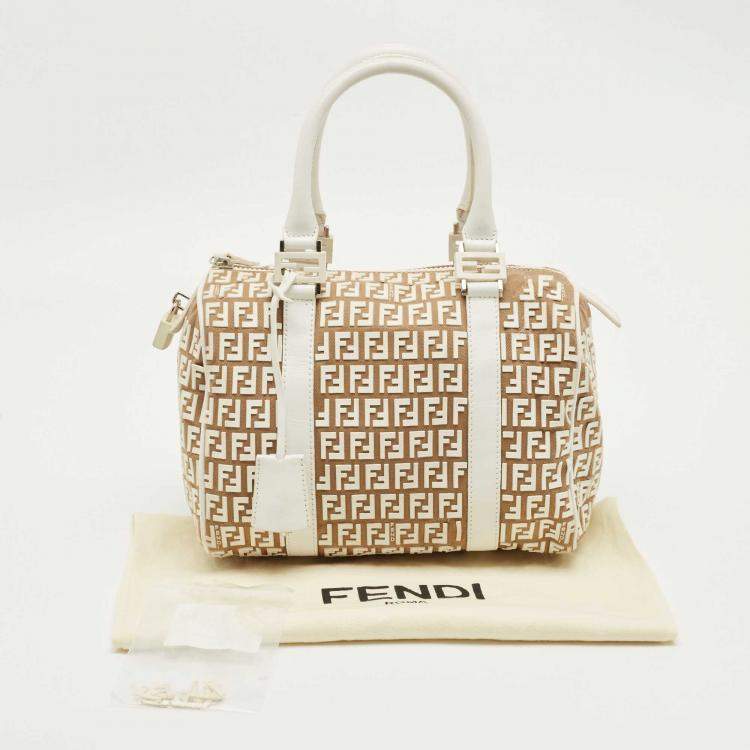 Pre Owned Fendi White/Beige Zucchino Rubber and Fabric Small Forever Boston Bag