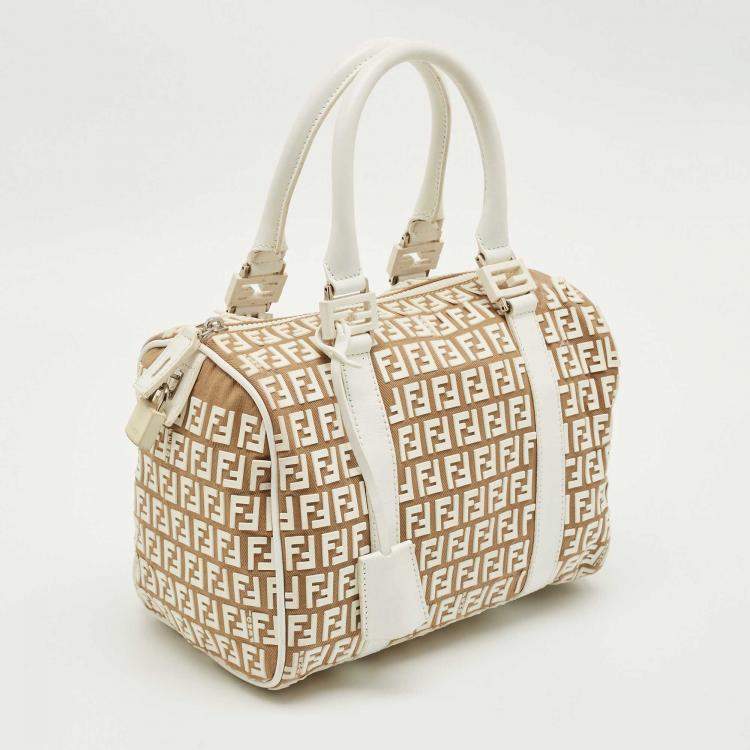 Pre Owned Fendi White/Beige Zucchino Rubber and Fabric Small Forever Boston Bag