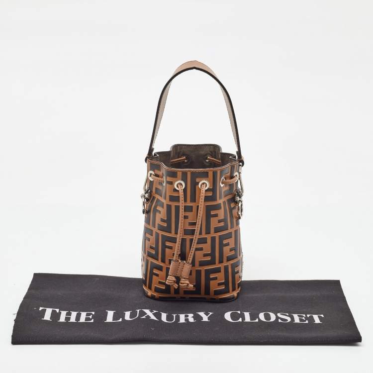 Pre Owned Fendi Brown/Black Zucca Leather Mini Mon Tresor Drawstring Bucket Bag