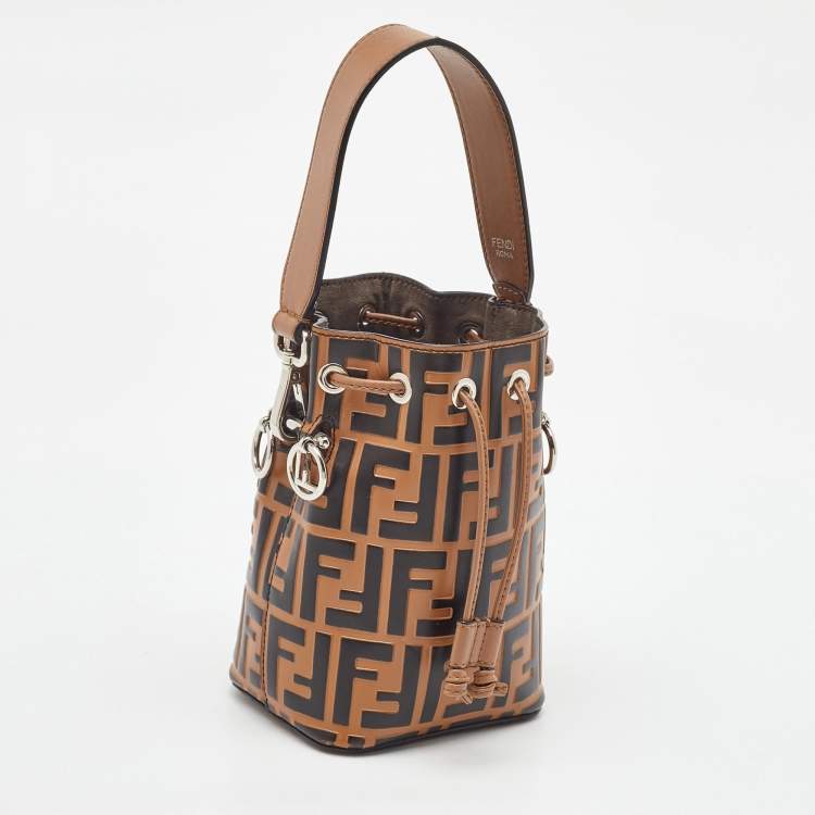 Pre Owned Fendi Brown/Black Zucca Leather Mini Mon Tresor Drawstring Bucket Bag