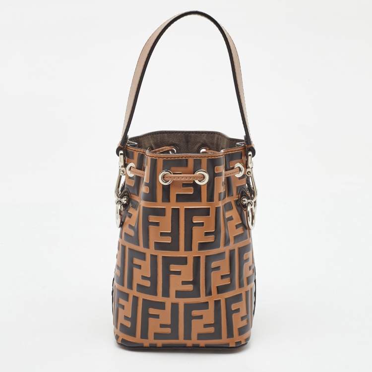 Pre Owned Fendi Brown/Black Zucca Leather Mini Mon Tresor Drawstring Bucket Bag