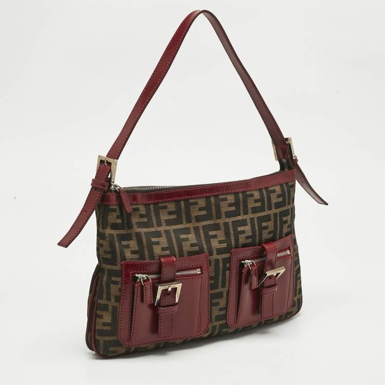 Pre Owned Fendi Red/Tobacco Zucca Nylon and Leather Double Pocket Shoulder Bag