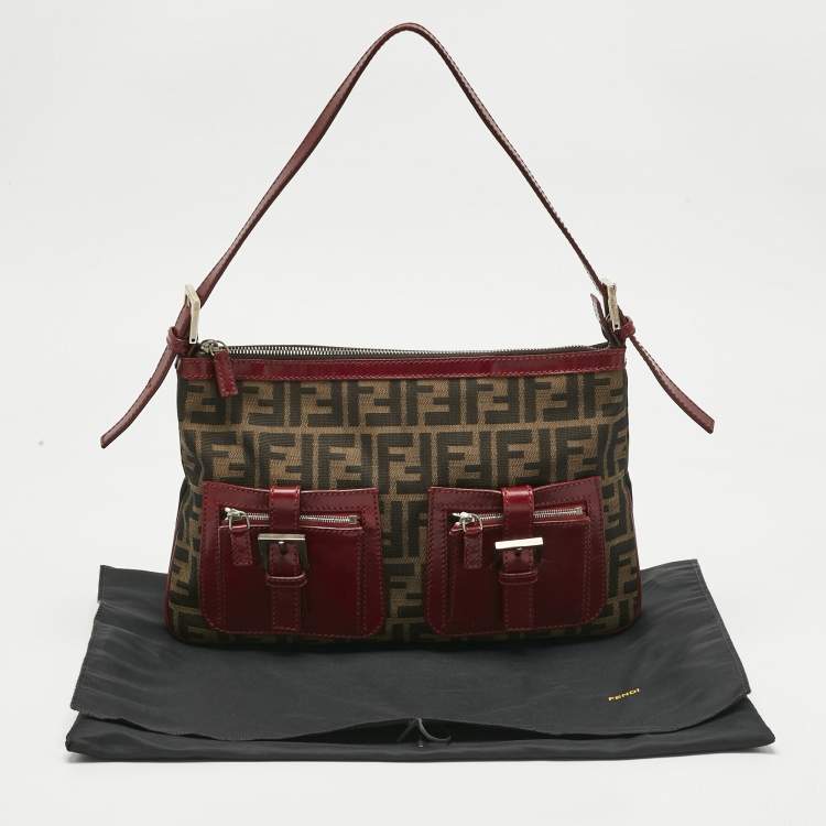 Pre Owned Fendi Red/Tobacco Zucca Nylon and Leather Double Pocket Shoulder Bag