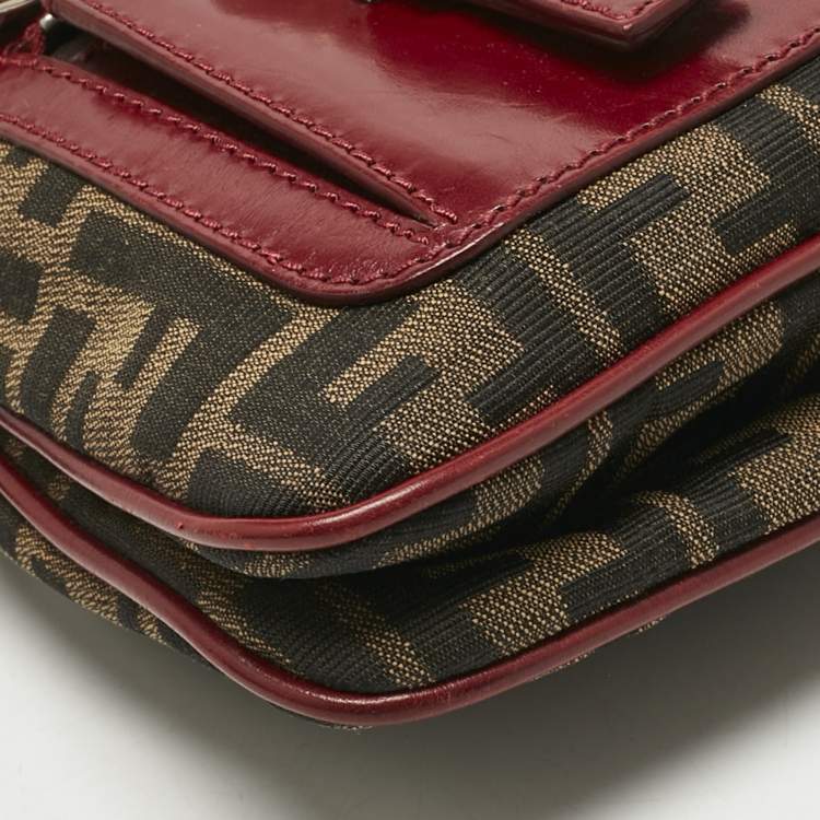 Pre Owned Fendi Red/Tobacco Zucca Nylon and Leather Double Pocket Shoulder Bag