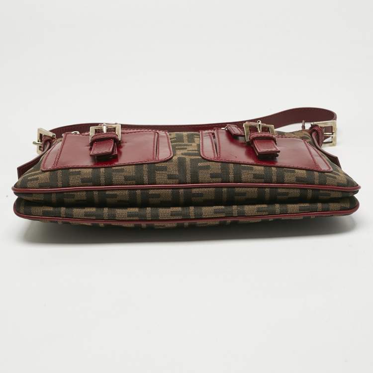 Pre Owned Fendi Red/Tobacco Zucca Nylon and Leather Double Pocket Shoulder Bag