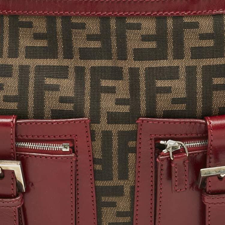 Pre Owned Fendi Red/Tobacco Zucca Nylon and Leather Double Pocket Shoulder Bag