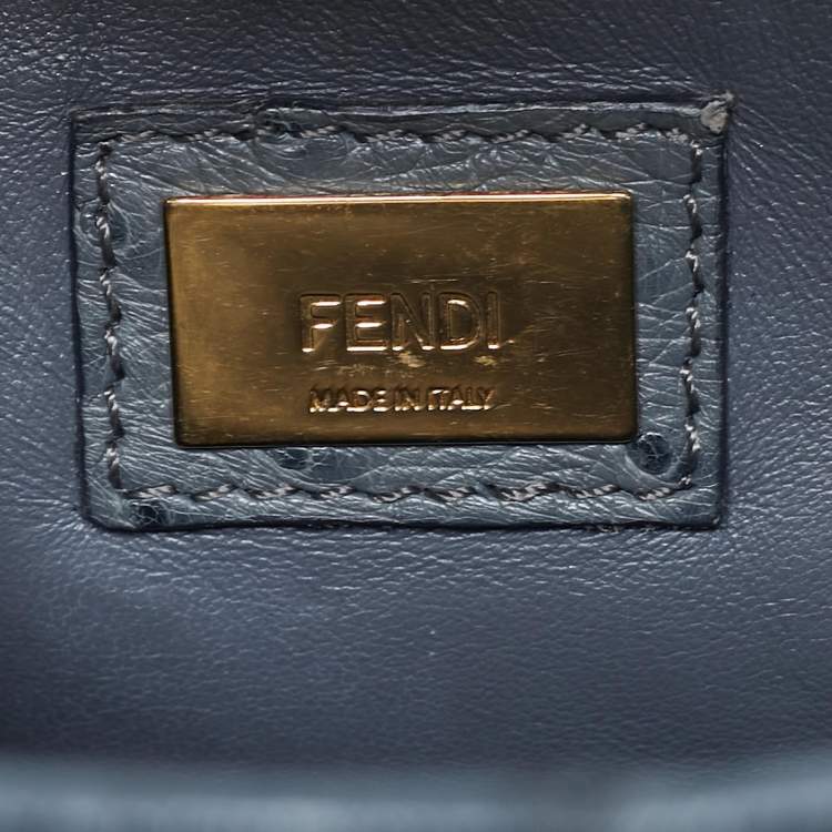 Pre Owned Fendi Grey Ostrich Leather Mini Peekaboo Top Handle Bag