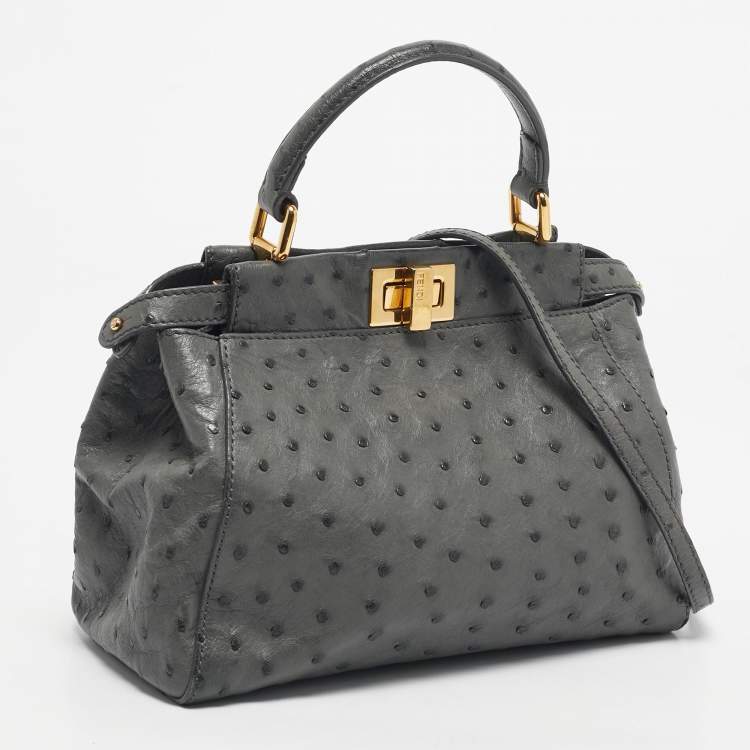Pre Owned Fendi Grey Ostrich Leather Mini Peekaboo Top Handle Bag