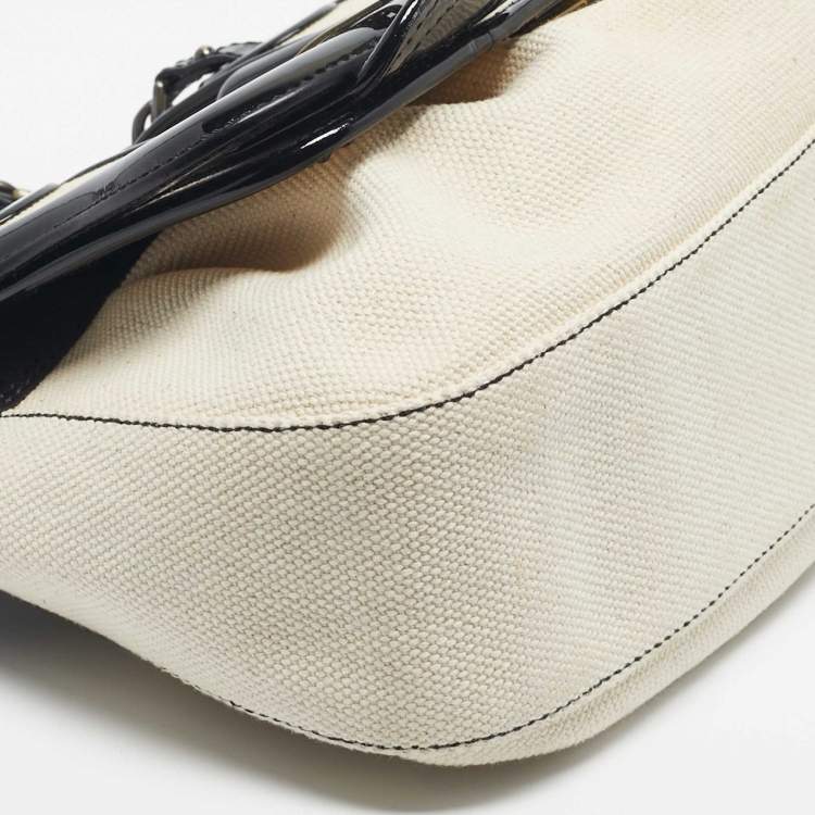 Pre Owned Fendi Black/Off White Patent Leather and Canvas B Shoulder Bag