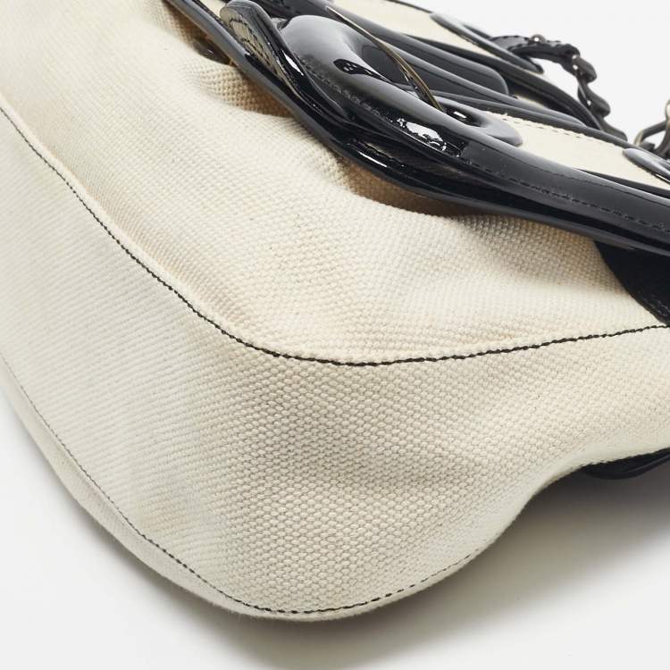 Pre Owned Fendi Black/Off White Patent Leather and Canvas B Shoulder Bag