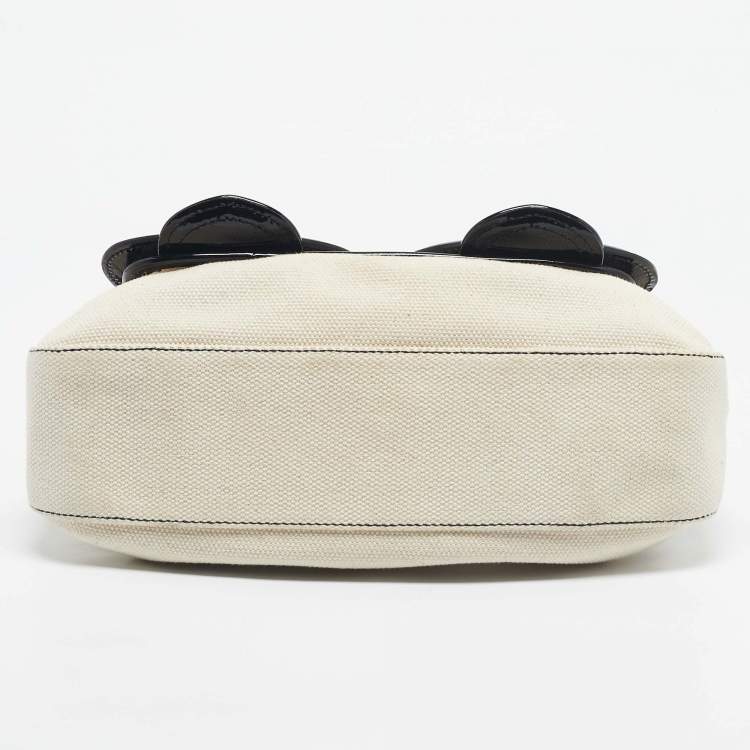 Pre Owned Fendi Black/Off White Patent Leather and Canvas B Shoulder Bag