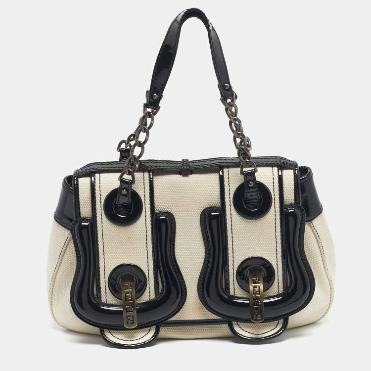 Pre Owned Fendi Black/Off White Patent Leather and Canvas B Shoulder Bag