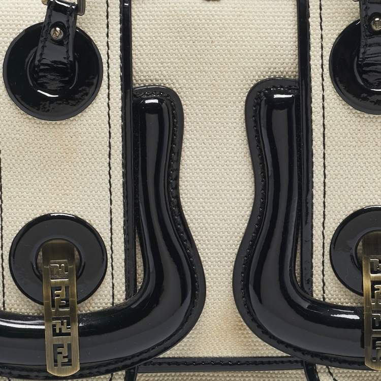 Pre Owned Fendi Black/Off White Patent Leather and Canvas B Shoulder Bag