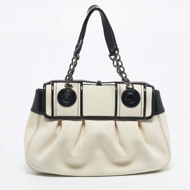 Pre Owned Fendi Black/Off White Patent Leather and Canvas B Shoulder Bag