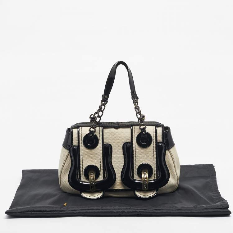 Pre Owned Fendi Black/Off White Patent Leather and Canvas B Shoulder Bag