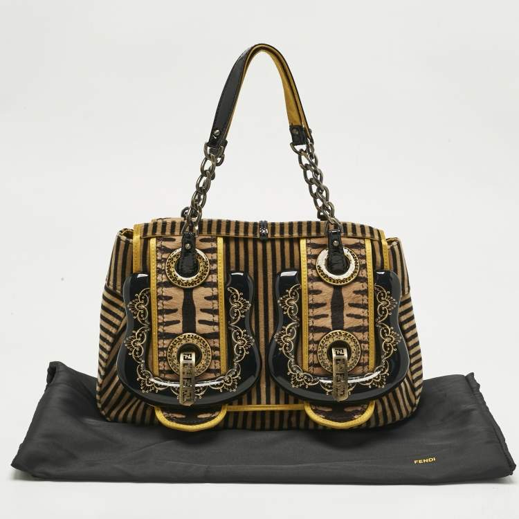 Pre Owned Fendi Brown/Black Stripe Calfhair and Velvet B Bag Shoulder Bag