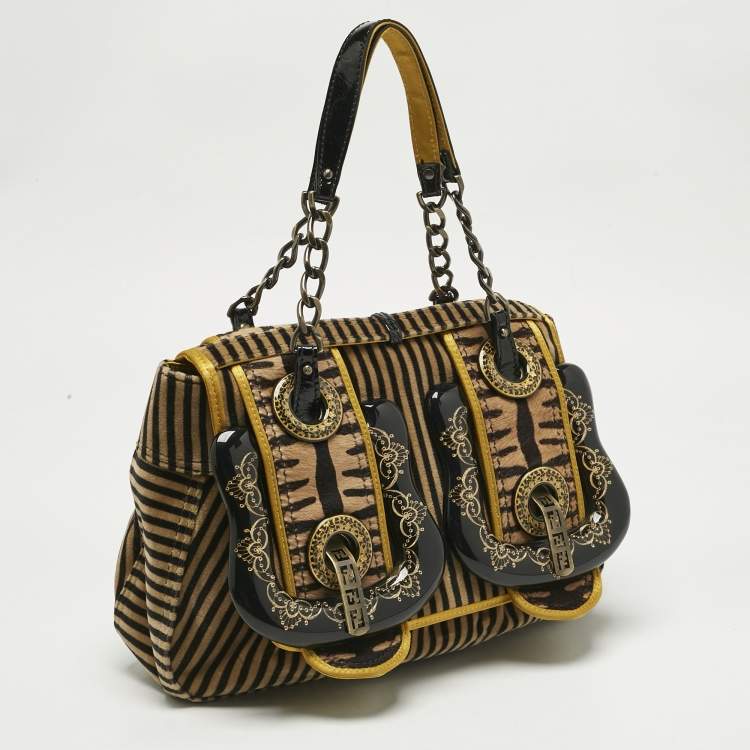 Pre Owned Fendi Brown/Black Stripe Calfhair and Velvet B Bag Shoulder Bag