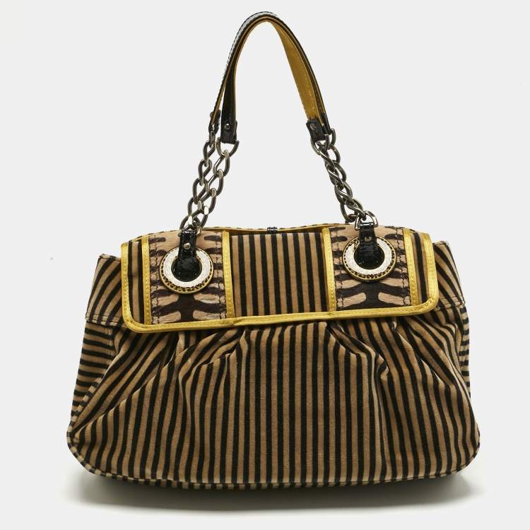 Pre Owned Fendi Brown/Black Stripe Calfhair and Velvet B Bag Shoulder Bag