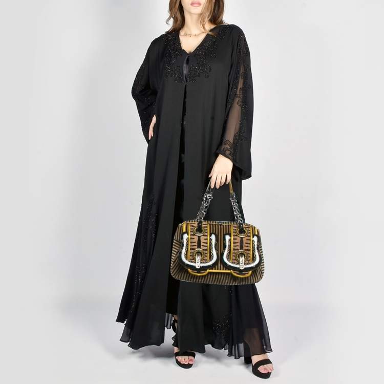 Pre Owned Fendi Brown/Black Stripe Calfhair and Velvet B Bag Shoulder Bag