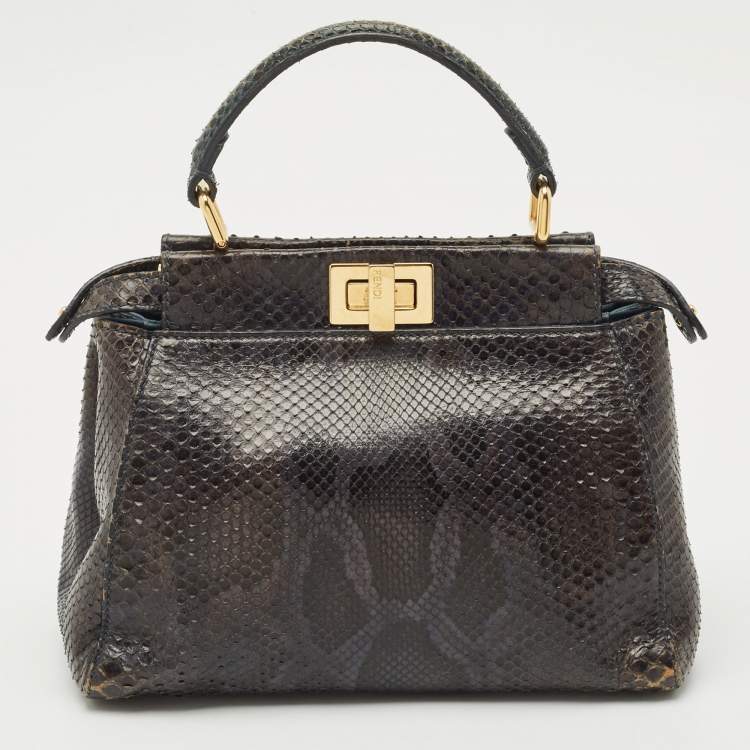 Pre Owned Fendi Teal Python Mini Peekaboo Top Handle Bag