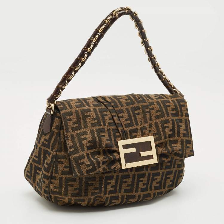 Pre Owned Fendi Tobacco Zucca Canvas and Patent Leather Mia Flap Shoulder Bag