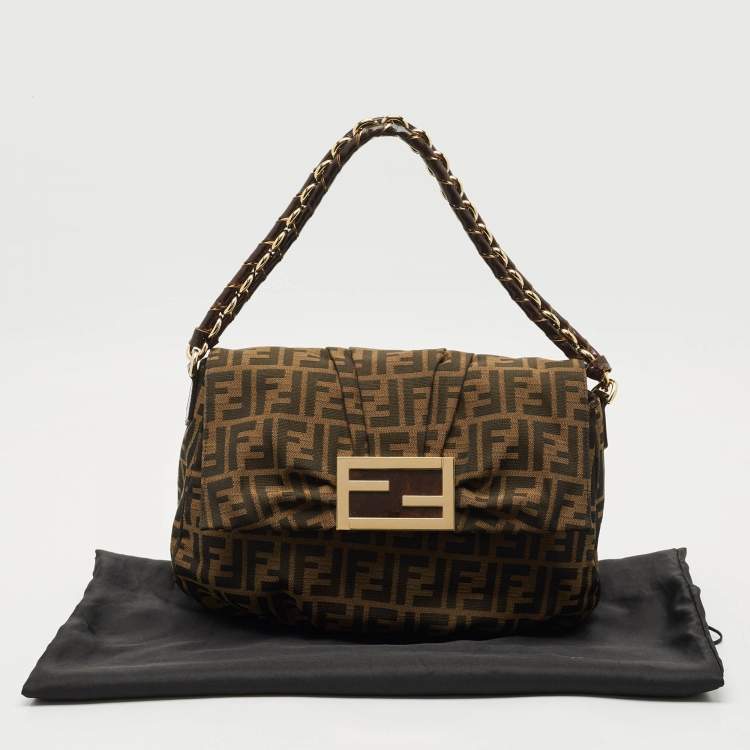 Pre Owned Fendi Tobacco Zucca Canvas and Patent Leather Mia Flap Shoulder Bag