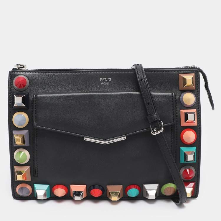 Pre Owned Fendi Black Leather Rainbow Stud Crossbody Bag