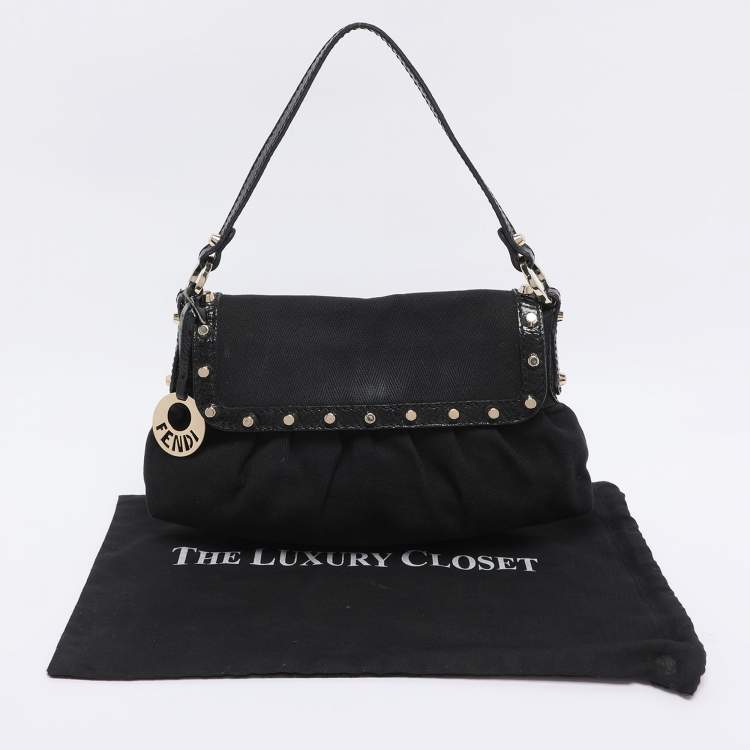 Pre Owned Fendi Black Canvas and Patent Leather Small Studded Chef Shoulder Bag