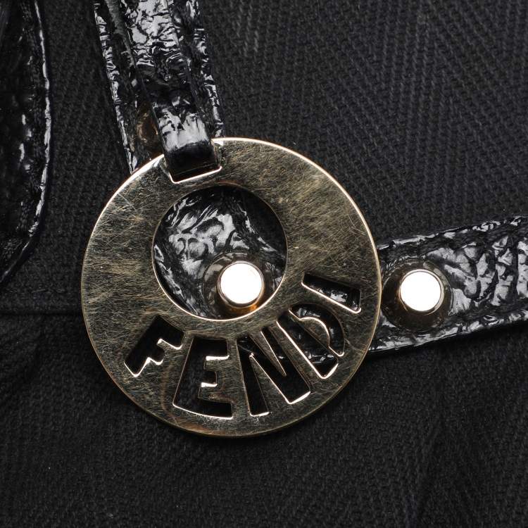 Pre Owned Fendi Black Canvas and Patent Leather Small Studded Chef Shoulder Bag