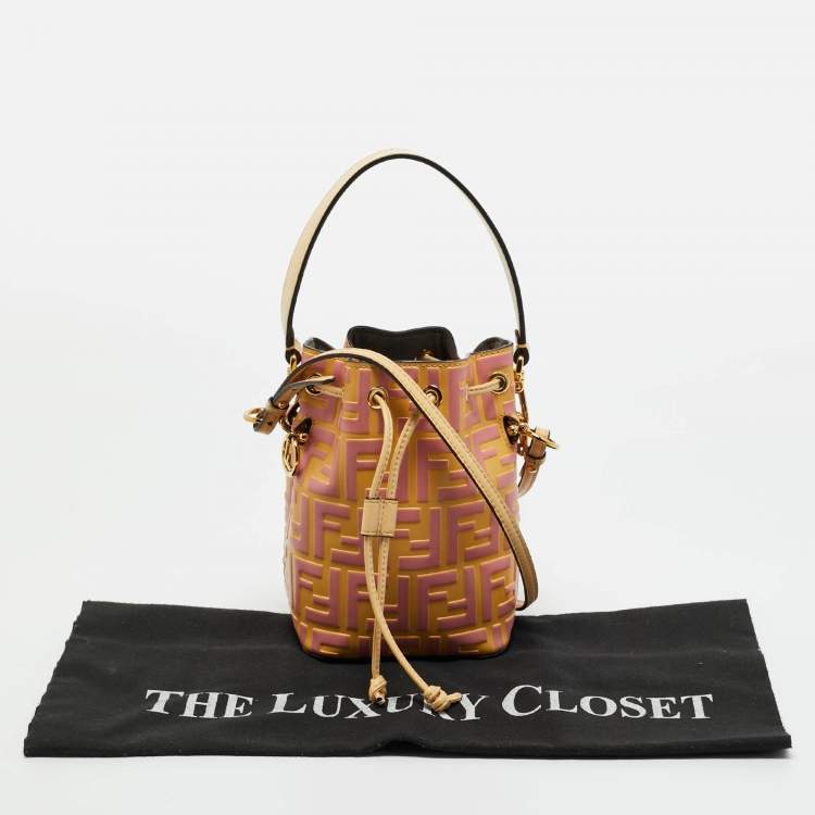 Pre Owned Fendi Pink/Yellow Zucca Leather Mini Mon Tresor Drawstring Bucket Bag